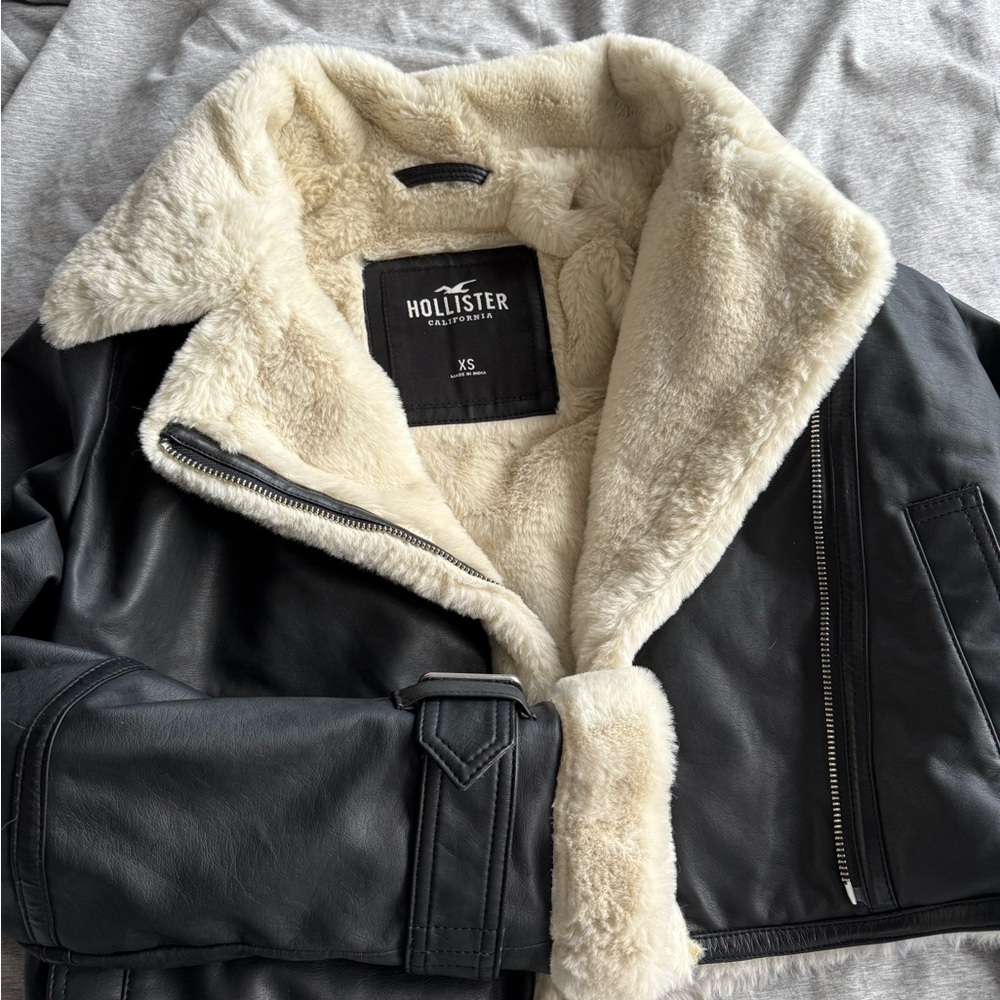 Hollister Black Leather Fur Jacket